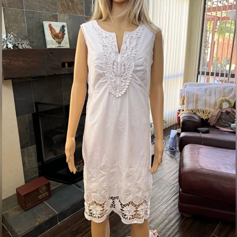Cremieux White cotton crocheted lace detailing Dress EUC
